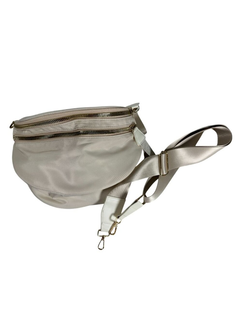 Cream Nylon Crossbody Shoulder Bag Gold Zippers Adjustable Strap Fanny Pack